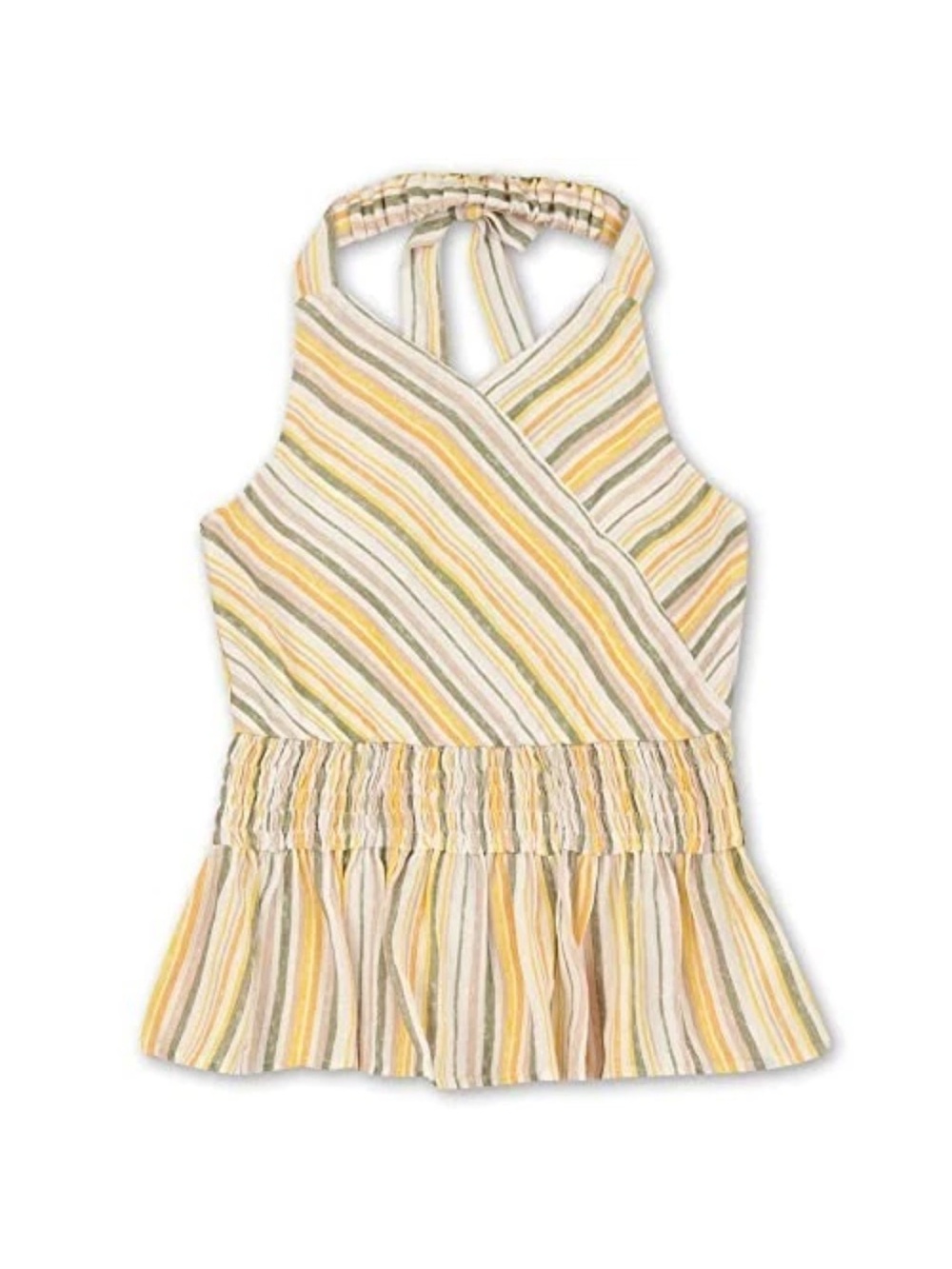 Speechless Smocked Elastic Waist Striped Halter Top - tan/green